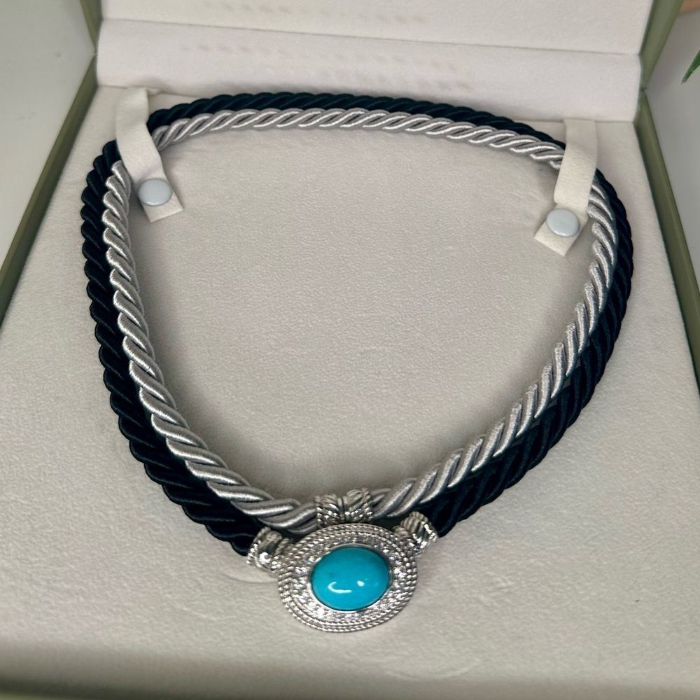 Judith Ripka Sterling Silver Turquoise CZ Cord Necklace with Box Vintage Y2K 925 - Picture 2 of 13